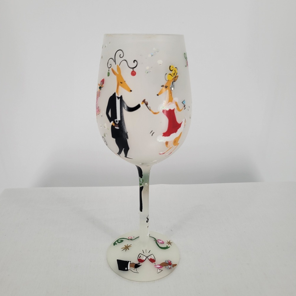 Lolita Reindeer Holiday Hand Painted Wine Glass 15oz Love My Wine with Box